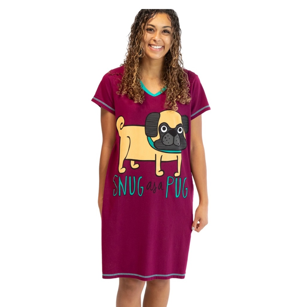 Lazy One Snug Pug V-Neck Nightshirt Size S/M